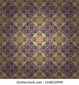 Ornament made of various brown, gray and blue shapes. Bed sheets and interior. Gift wrapping paper. Seamless abstract vector geometric pattern. Random layout.