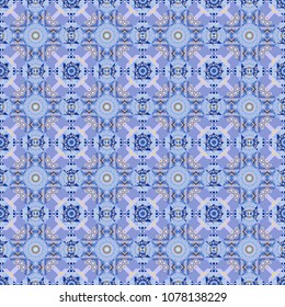 Ornament made of various gray, blue and violet shapes. Bed sheets and interior. Random layout. Gift wrapping paper. Seamless abstract vector geometric pattern.