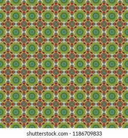 Ornament made of various green, yellow and blue shapes. Bed sheets and interior. Gift wrapping paper. Seamless abstract vector geometric pattern. Random layout.