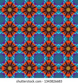 Ornament made of various red, blue and purple shapes. Random layout. Gift wrapping paper. Seamless abstract vector geometric pattern. Bed sheets and interior.