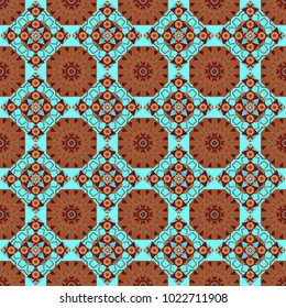Ornament made of various red, brown and blue shapes. Gift wrapping paper. Bed sheets and interior. Random layout. Seamless abstract vector geometric pattern.