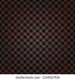 Ornament made of various yellow, blue and pink shapes. Seamless abstract raster geometric pattern. Random layout. Bed sheets and interior. Gift wrapping paper.