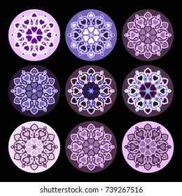 Ornament Mandala on black background. Indian floral paisley medallion banners. Geometric circle element, Hand drawn Vector illustration.