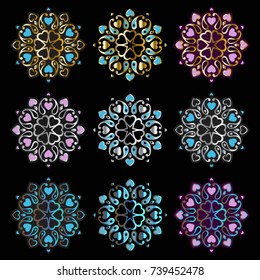 Ornament Mandala on black background. Indian floral paisley medallion banners. Geometric circle element, Hand drawn Vector illustration.