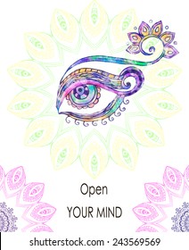 Ornament with mandala. Open your mind Geometric circle element made in vector. Perfect cards for any other kind of design, birthday and other holiday, kaleidoscope, psychedelic, yoga, india, arabic.