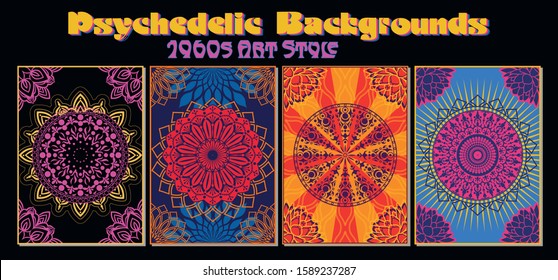 Ornament Mandala Psychedelic Backgrounds, 1960s, 1970s Style, Decorative Patterns, Floral Backdrop Set