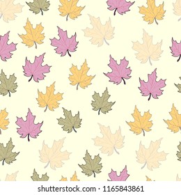 Ornament with maple leaves. Seamless pattern. Autumn background. Vector drawing. 