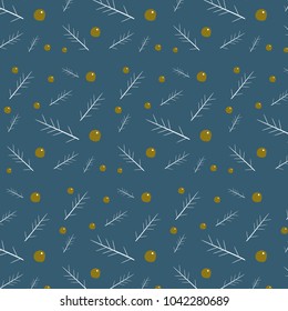 Ornament Memphis fashion pattern with white stick gold berry on blue background