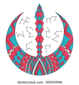 Ornament in moon, Vintage decorative elements, Oriental pattern, Islam, Arabic, Indian motifs, teal and red ornament