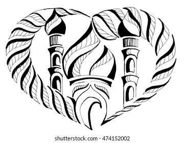 ornament mosque with two minarets in the heart vector