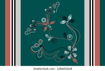 ornament multi horizontal lines art wallpaper round flower in green orange black white grey