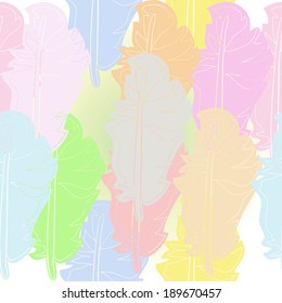 Ornament of multicolored feathers on a gradient light background. Seamless pattern.