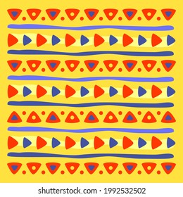 Ornament aus mehrfarbigen Dreiecken auf blauem und rotem Hintergrund. Ethnische Vektorgrafik.