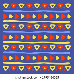 Ornamento de triángulos multicolores de colores amarillo y rojo sobre un fondo azul. Patrón de vector étnico.