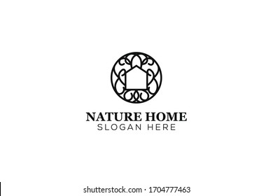 ornament nature house logo vector concept with line art, simple, and elegant styles