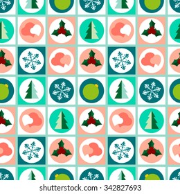 The ornament of new year and Christmas elements: fir tree, snowflake, Holly, Christmas ball, heart