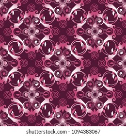 Ornament of old elegant pastel patterns with gradient on dark red background. Seamless vector background.
