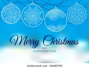 Ornament on a blue and white backgrounds. Christmas balls. Holiday card, banner. Merry Christmas and Happy New Year