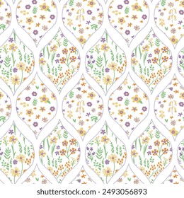 Ornament on the theme of spring, Easter and flowers .Flowers standing under delicate arches that create a botanical grid with a vintage feel on easter flower.