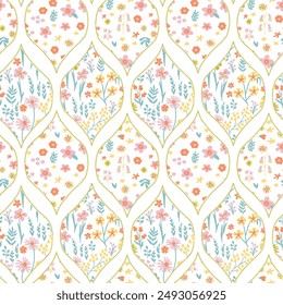 Ornament on the theme of spring, Easter and flowers .Flowers standing under delicate arches that create a botanical grid with a vintage feel on bright yellow easter flower.