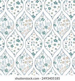 Ornament on the theme of spring, Easter and flowers .Flowers standing under delicate arches that create a botanical grid with a vintage feel on summer flower.
