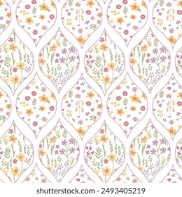 Ornament on the theme of spring, Easter and flowers .Flowers standing under delicate arches that create a botanical grid with a vintage feel on spring and easter flower.