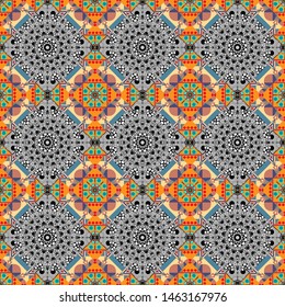 Ornament in orange, blue and gray colors. Abstract colorful seamless pattern. Indian, Arabic, Turkish motifs for printing on fabric or paper. Vector vintage decorative elements.