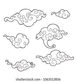 Ornament Oriental Cloud Clip Art Design With Pen Drawing Line Set Vector