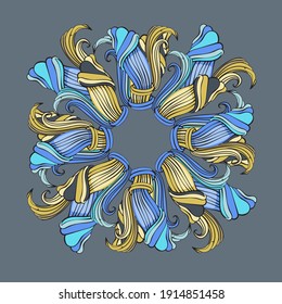 Ornament in oriental style, abstract elements in the form of a circle, blue and yellow colors.