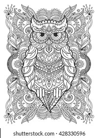 Ornament owl vector. Beautiful illustration owl for design, print clothing, stickers, tattoos, Adult Coloring book. Owl hand drawn animal illustration. Bohemian owl lace