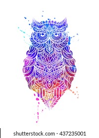 Ornament owl vector. Beautiful illustration owl for design, print clothing, stickers, tattoos, Adult Coloring book. Hand drawn animal illustration. Bohemian owl lace