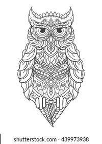 Ornament owl vector. Beautiful illustration owl for design, print clothing, stickers, tattoos, Adult Coloring book. Hand drawn animal illustration. Bohemian owl lace