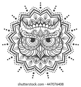 Ornament owl vector. Beautiful illustration for design, print clothing, stickers, tattoos, Adult Coloring book. Hand drawn animal illustration. Bohemian owl lace