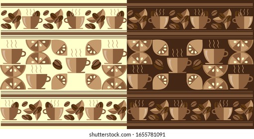 Ziermuster aus Kaffeetasse, Bohnen, Blättern, Zitronen- und Zitronenscheiben auf weißem und braunem Hintergrund .Vektorillustration-Grafik.