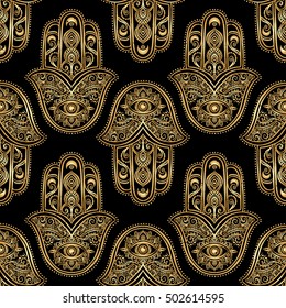 Ornament pattern with gold hamsa. Geometric circle element made in vector. Talisman ornamental hamsa, symbol Eye protection. Kaleidoscope, yoga, india, arabic