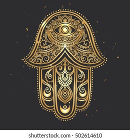 Ornament pattern with gold hamsa. Geometric circle element made in vector. Perfect  cards for any other kind of design, birthday and other holiday, kaleidoscope,  medallion, yoga, india, arabic