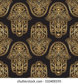 Ornament pattern with gold hamsa. Geometric circle element made in vector. Perfect  cards for any other kind of design, birthday and other holiday, kaleidoscope,  medallion, yoga, india, arabic