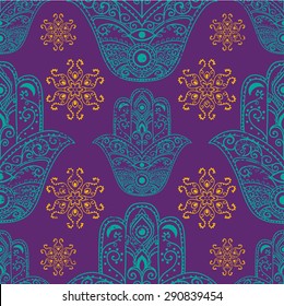 Ornament pattern with hamsa. Geometric circle element made in vector. Perfect cards for any other kind of design, birthday and other holiday, kaleidoscope,  medallion, yoga, india, arabic