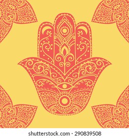 Ornament pattern with hamsa. Geometric circle element made in vector. Perfect cards for any other kind of design, birthday and other holiday, kaleidoscope,  medallion, yoga, india, arabic