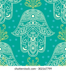 Ornament pattern with hamsa. Geometric circle element made in vector. Perfect cards for any other kind of design, birthday and other holiday, kaleidoscope,  medallion, yoga, india, arabic