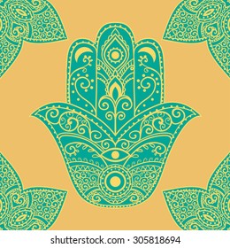Ornament pattern with hamsa. Geometric circle element made in vector. Perfect cards for any other kind of design, birthday and other holiday, kaleidoscope,  medallion, yoga, India, arabic