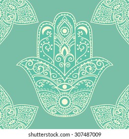 Ornament pattern with hamsa. Geometric circle element made in vector. Perfect cards for any other kind of design, birthday and other holiday, kaleidoscope,  medallion, yoga, India, arabic