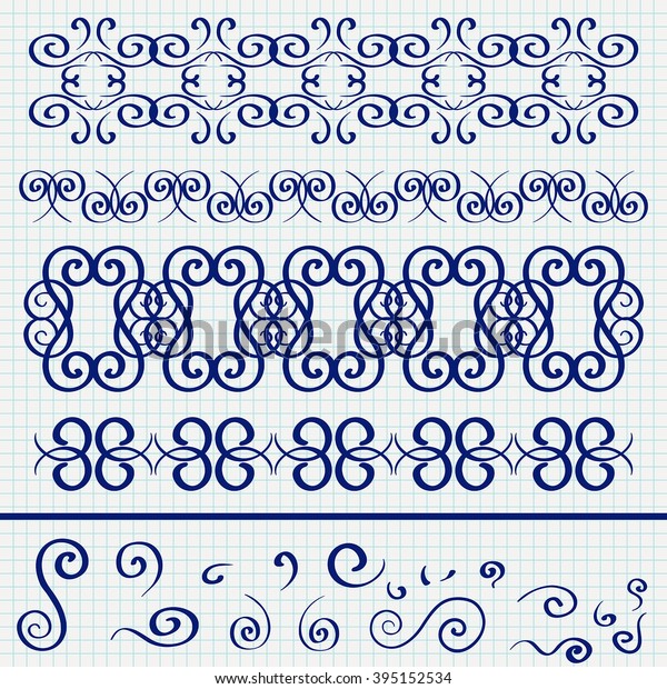 Ornament pattern. Horizontal elements. Vector\
illustration on Notebook sheet \
background
