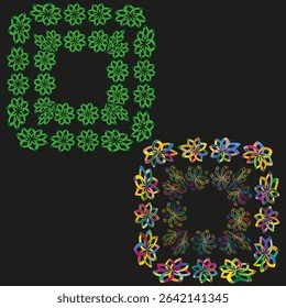 Ornament pattern icon. Green and colorful shapes. Vector flower structure. Black contrast background.