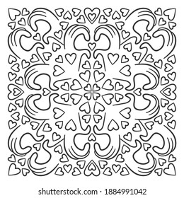 Ornament pattern of square filled with different heart and hands raised up and folded in the form of a silhouette of a heart.