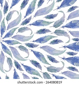 Ornament Pattern with  watercolor drawing feathers . Decorative elements with plumes. Hand drawn background.