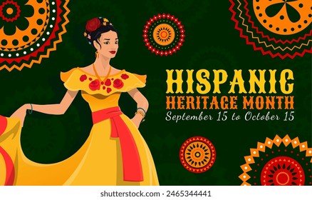 Ornament patterns and dancing woman of national Hispanic heritage month holiday, vector banner. Latin America traditional Hispanic heritage month of ethnic culture, traditions and handicraft art