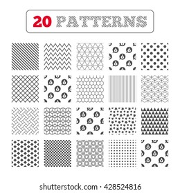 Ornament patterns, diagonal stripes and stars. Money bag icons. Dollar, Euro, Pound and Yen speech bubbles symbols. USD, EUR, GBP and JPY currency signs. Geometric textures. Vector