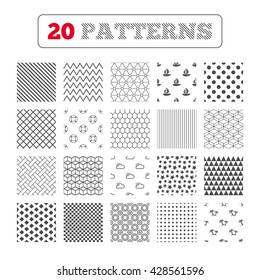 Ornament patterns, diagonal stripes and stars. Travel icons. Sail boat with lifebuoy symbols. Cloud with sun weather sign. Palm tree. Geometric textures. Vector