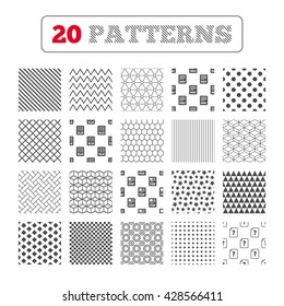 Ornament patterns, diagonal stripes and stars. File document and question icons. XLS, PDF and DOC file symbols. Download or save doc signs. Geometric textures. Vector